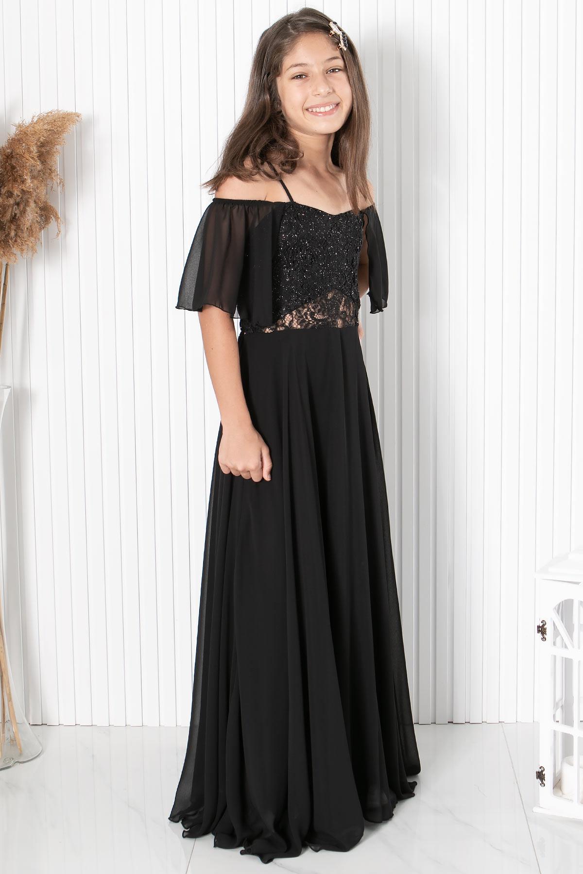 DANTELLİ ŞİFON ABİYEMDV330-SİYAHModaviki