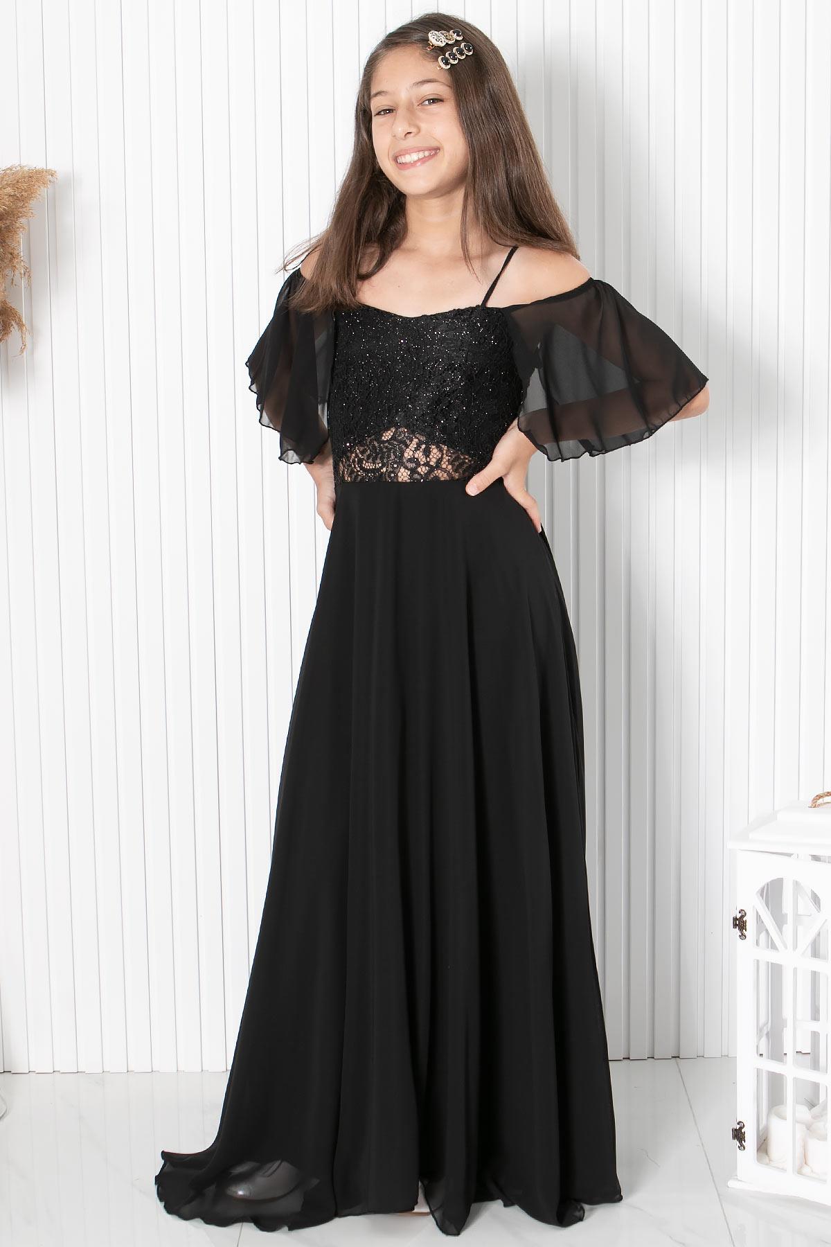 DANTELLİ ŞİFON ABİYEMDV330-SİYAHModaviki