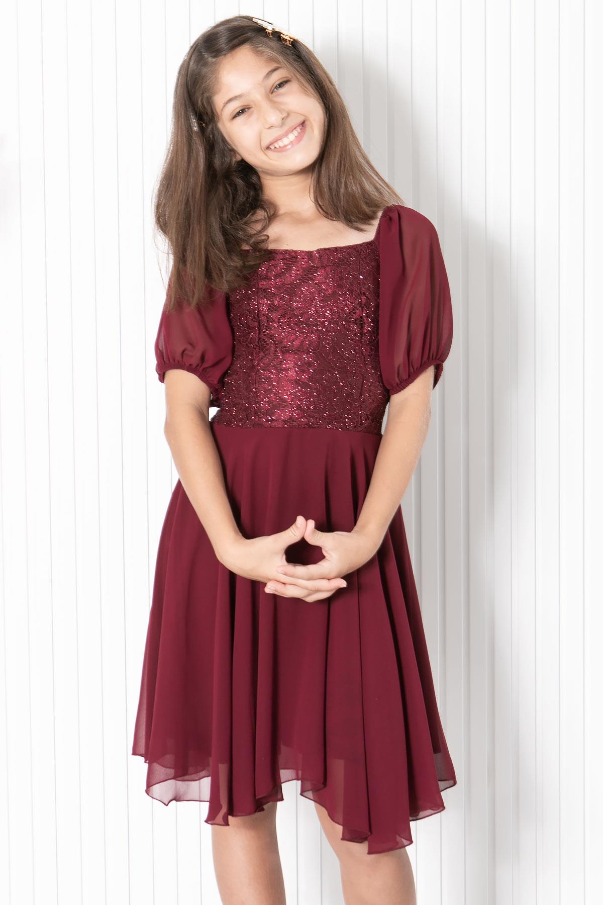 BALON KOL DETAYLI ŞİFON ABİYEMDV332-BORDOModaviki