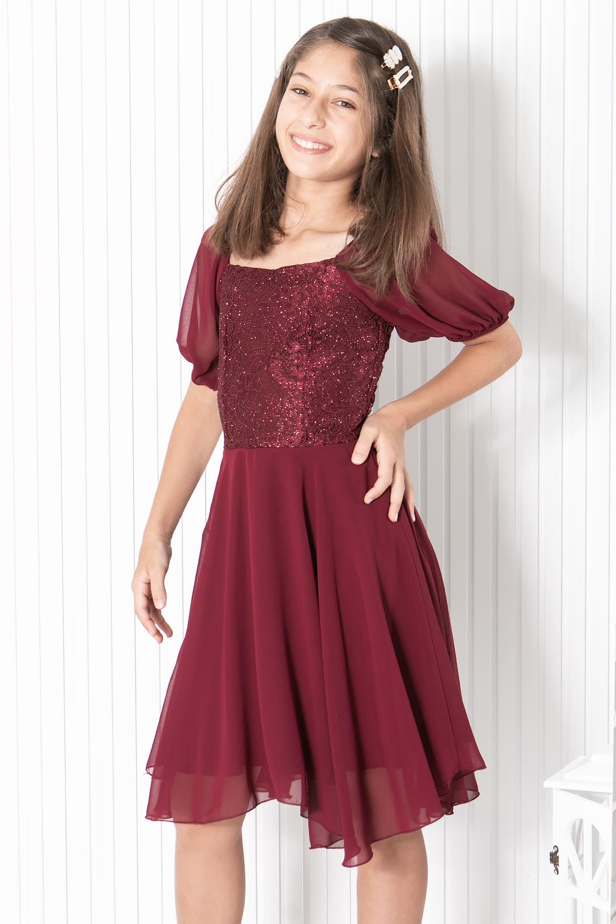 BALON KOL DETAYLI ŞİFON ABİYEMDV332-BORDOModaviki