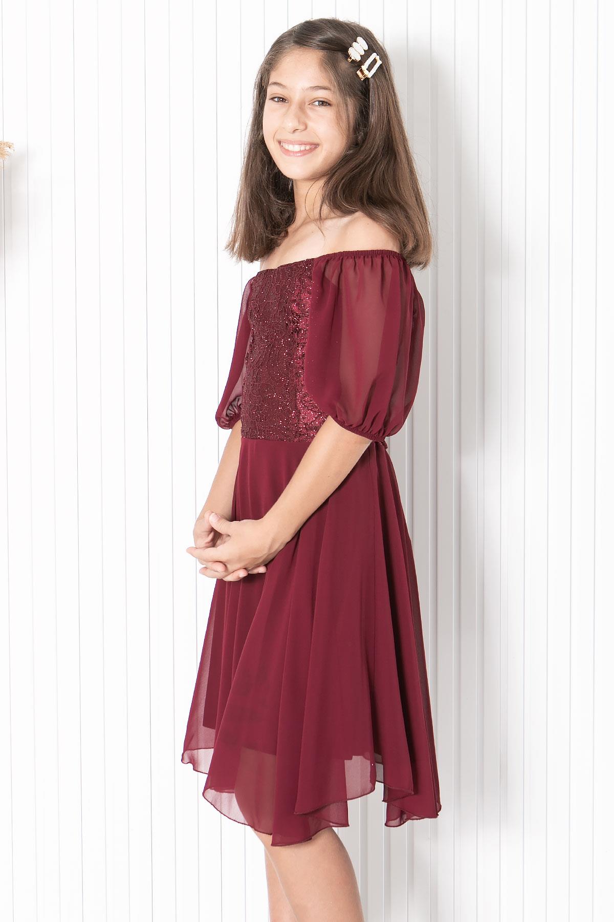 BALON KOL DETAYLI ŞİFON ABİYEMDV332-BORDOModaviki