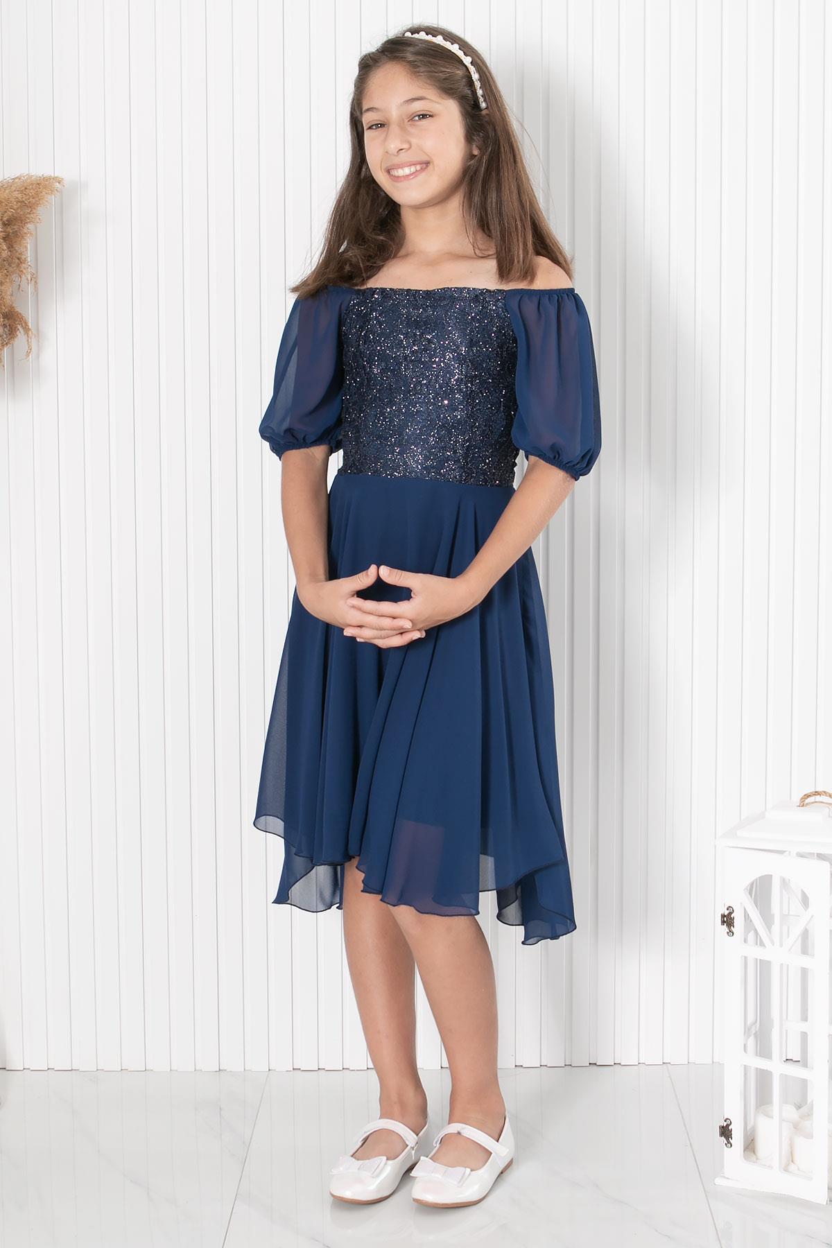 BALON KOL DETAYLI ŞİFON ABİYEMDV332-LACİVERTModaviki