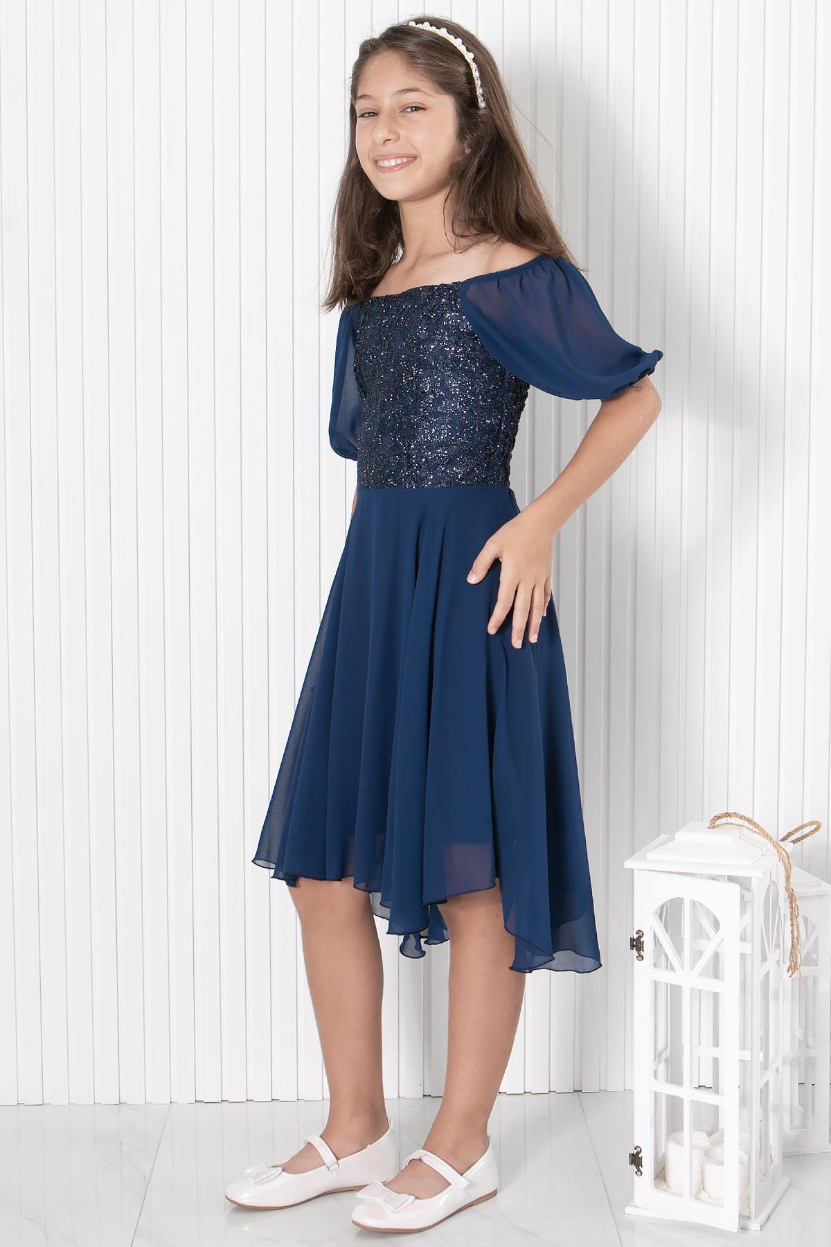 BALON KOL DETAYLI ŞİFON ABİYEMDV332-LACİVERTModaviki