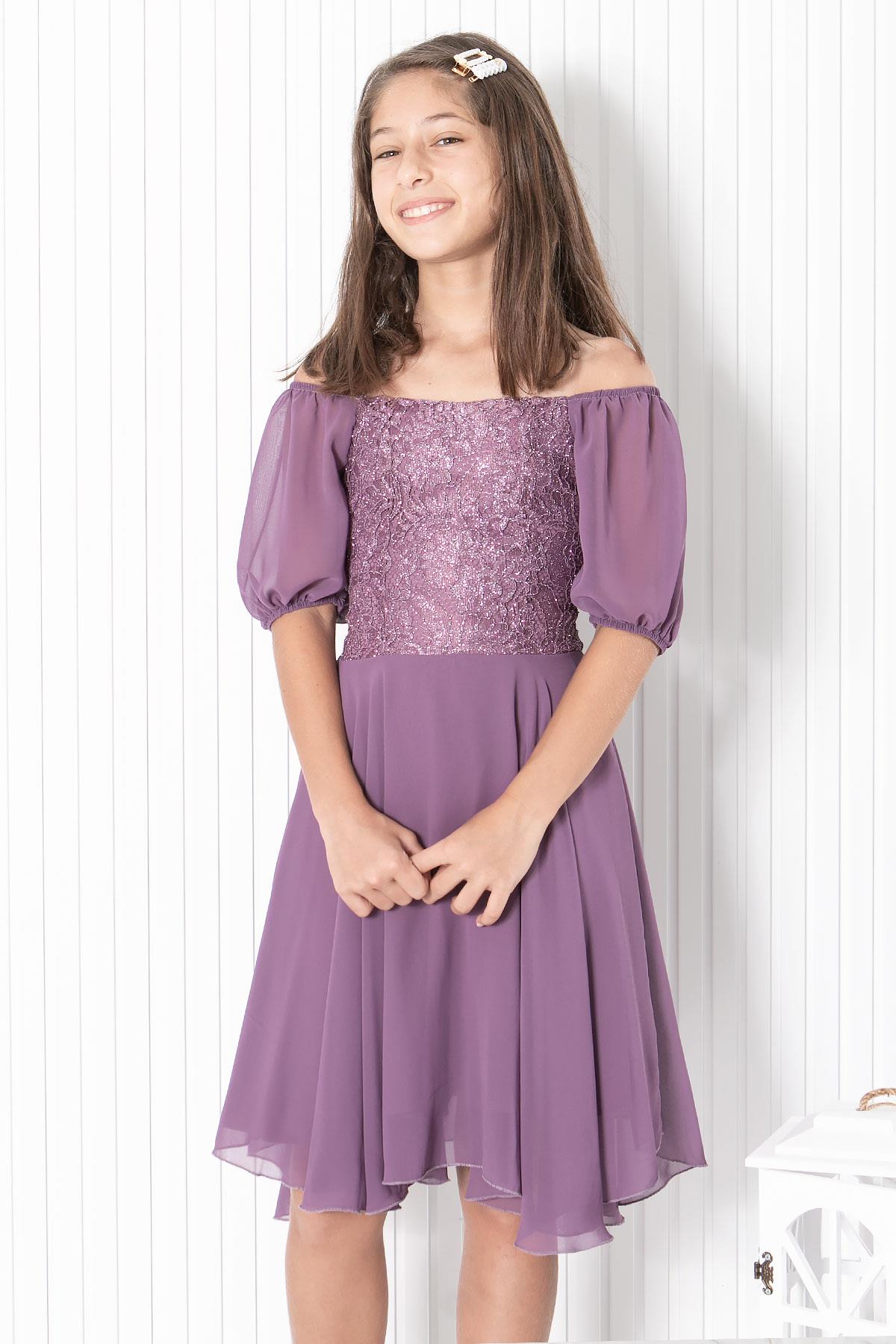 BALON KOL DETAYLI ŞİFON ABİYEMDV332-LİLAModaviki