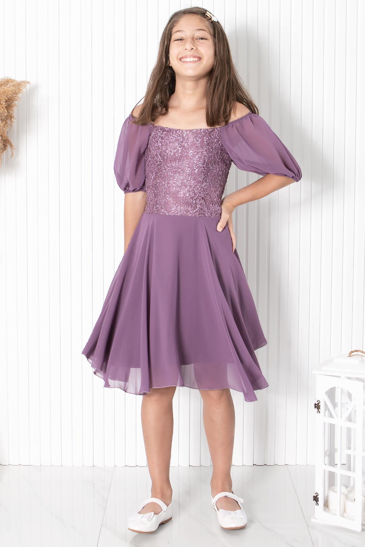 BALON KOL DETAYLI ŞİFON ABİYEMDV332-LİLAModaviki