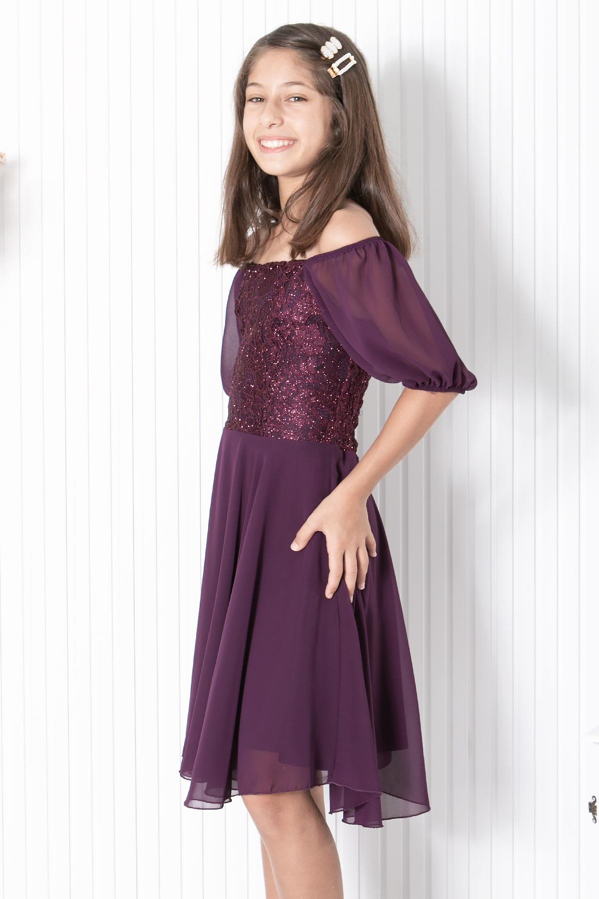 BALON KOL DETAYLI ŞİFON ABİYEMDV332-MÜRDÜMModaviki