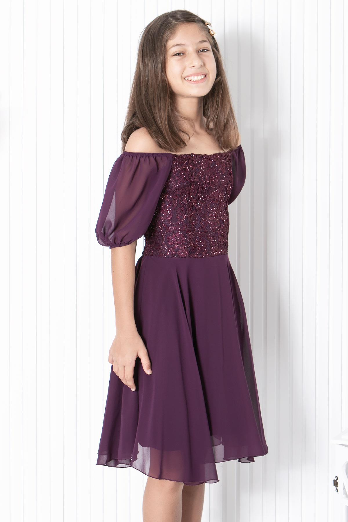 BALON KOL DETAYLI ŞİFON ABİYEMDV332-MÜRDÜMModaviki