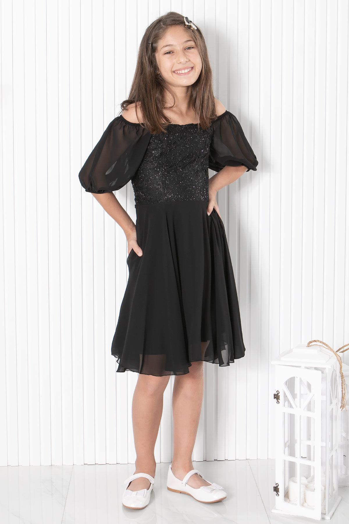 9-14 Yaş  Balon Kol Detaylı Şifon Abiye Siyah MDV332MDV332-SİYAHModaviki