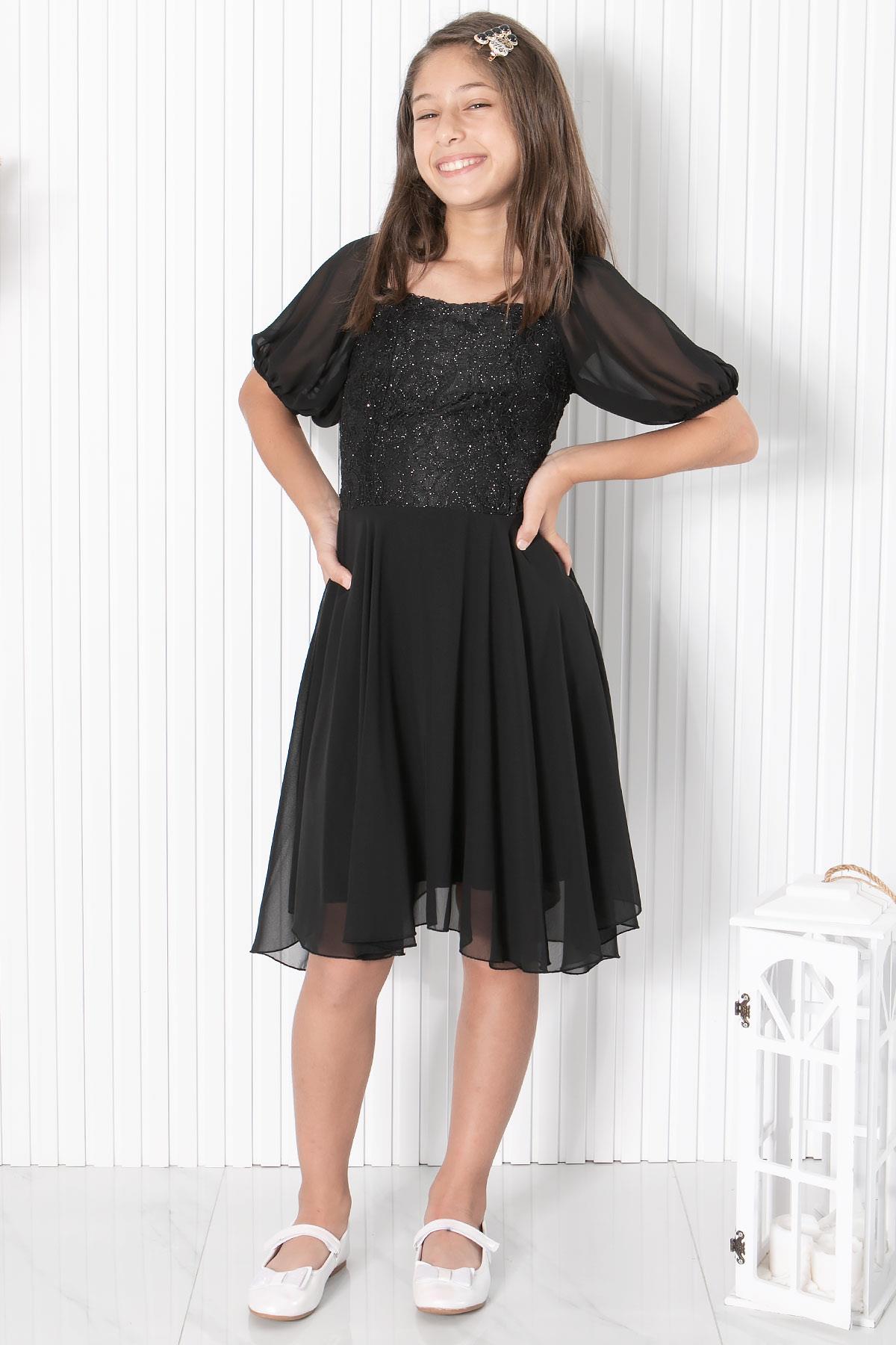 9-14 Yaş  Balon Kol Detaylı Şifon Abiye Siyah MDV332MDV332-SİYAHModaviki