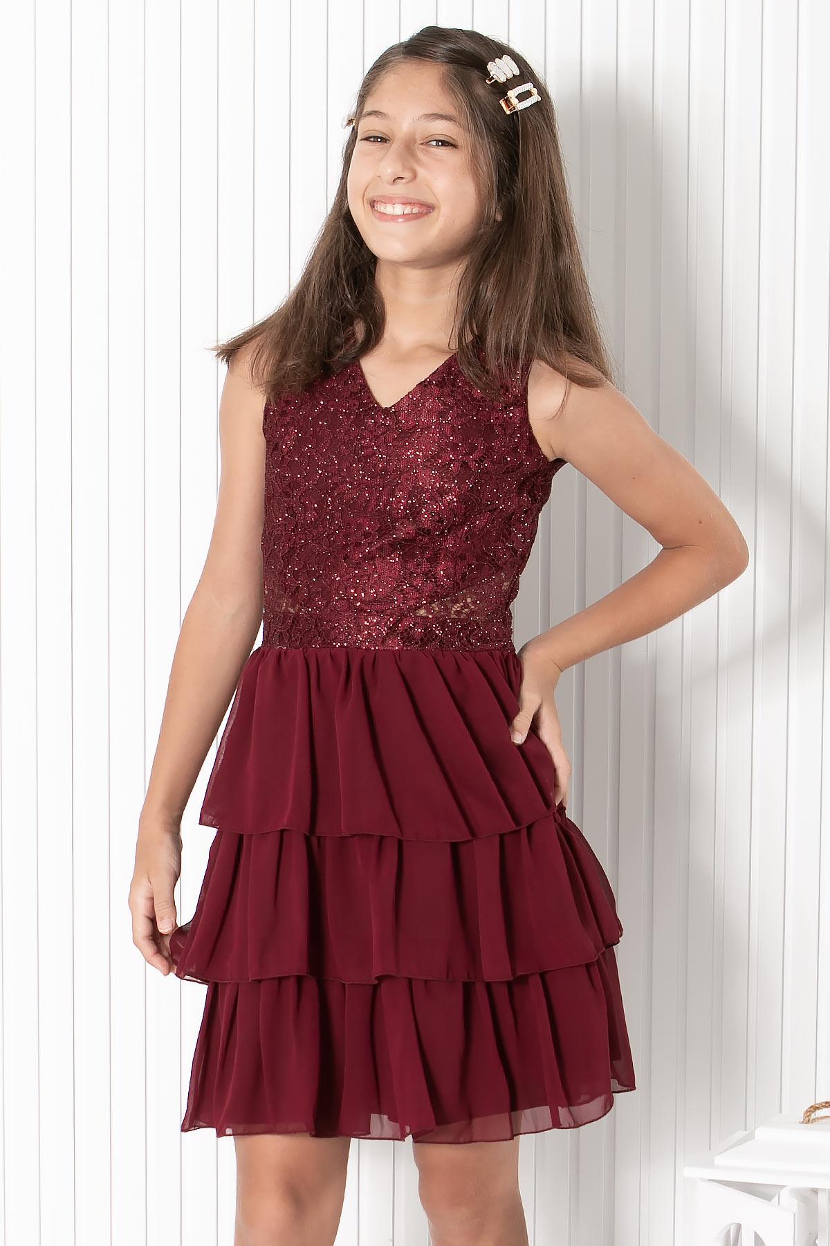 9-14 Yaş Fırfırlı Şifon Abiye Bordo MDV334MDV334-BORDOModaviki