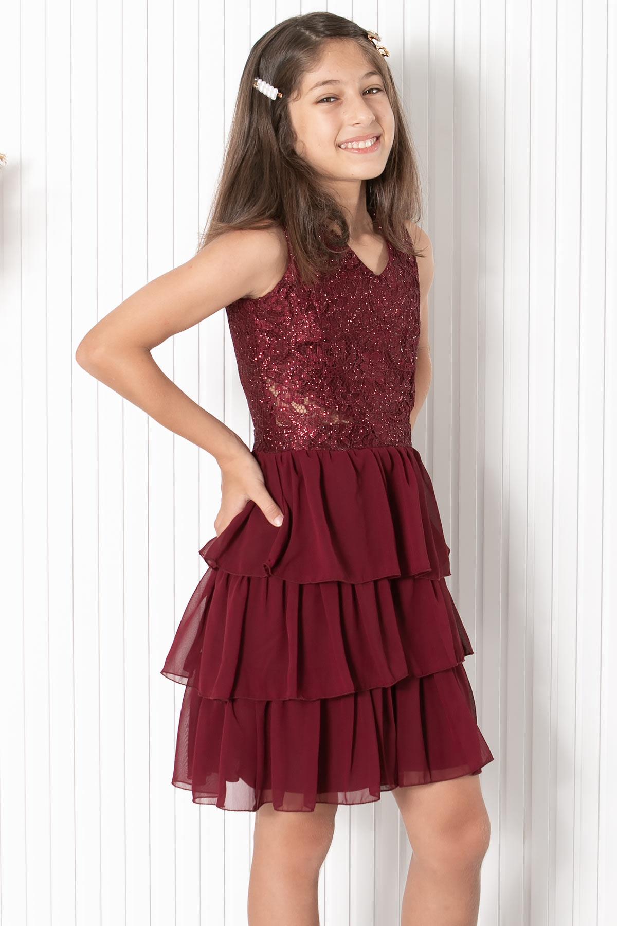 9-14 Yaş Fırfırlı Şifon Abiye Bordo MDV334MDV334-BORDOModaviki