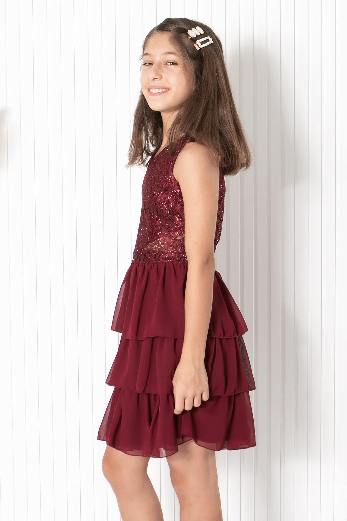 9-14 Yaş Fırfırlı Şifon Abiye Bordo MDV334MDV334-BORDOModaviki