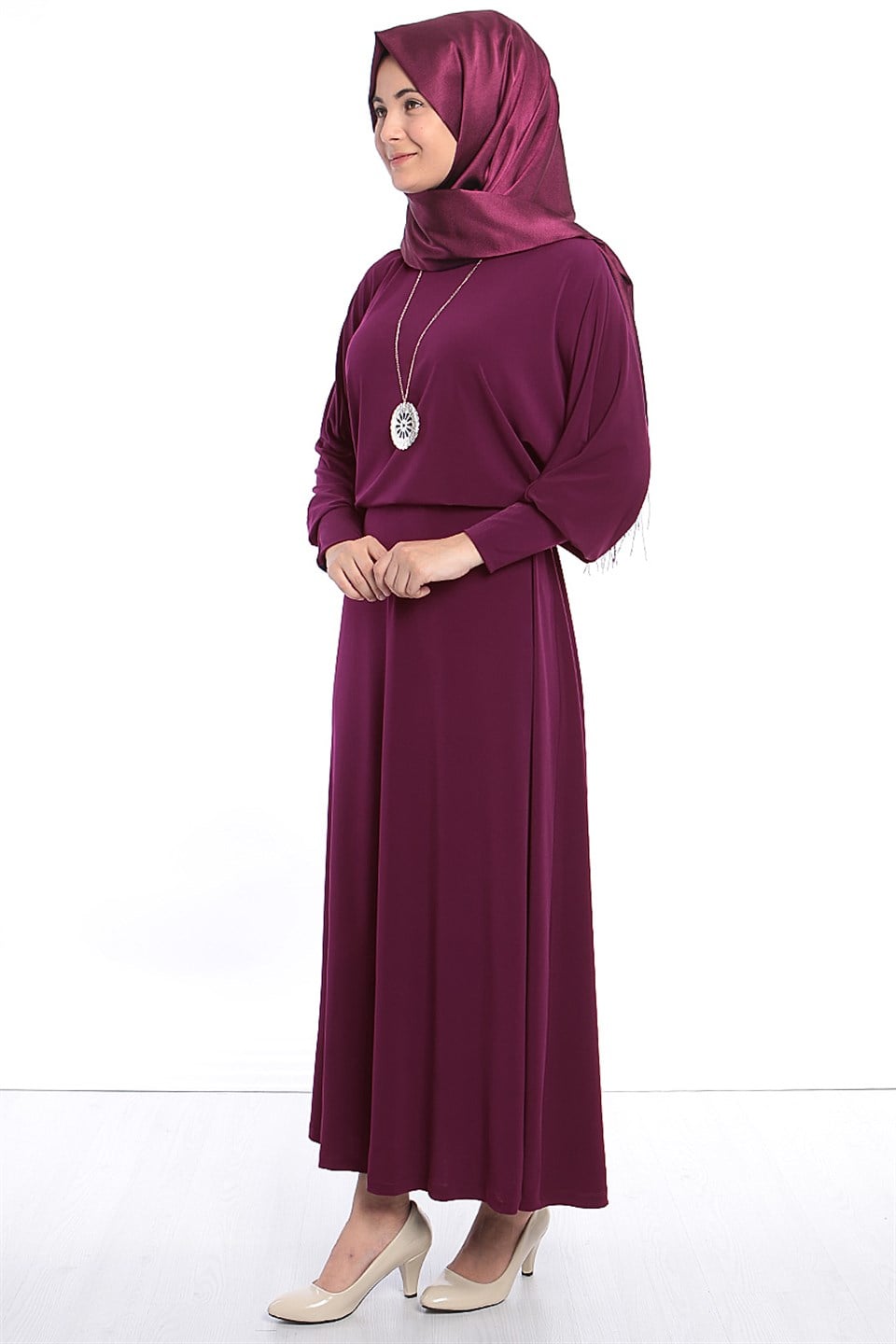 Dress - Lycra - Unlined - Crew Neck - Plum - FHM405FHM405-MÜRDÜMKategorisiz