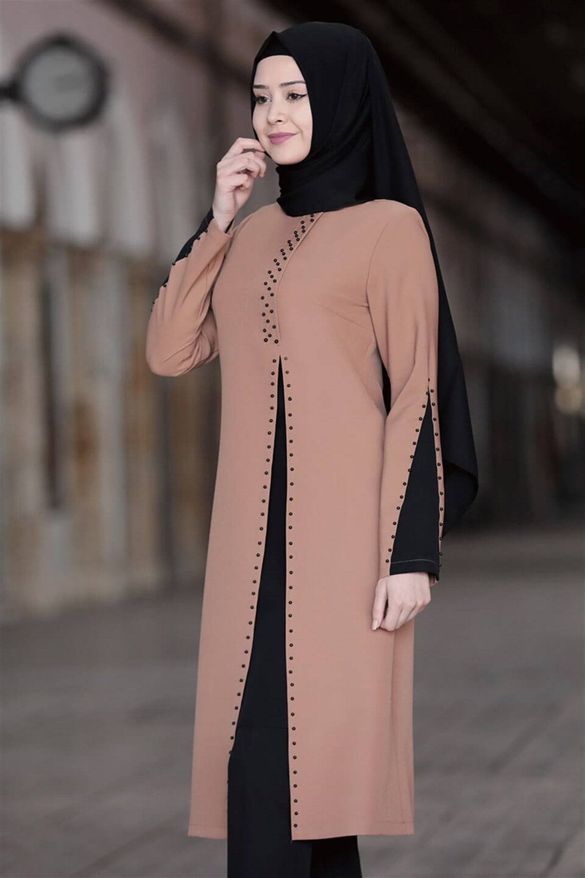 Tunic - Pants - 2 Piece Suit - Crepe - Unlined - Crew Neck - Camel - SN12SN12-CAMELSefanisa