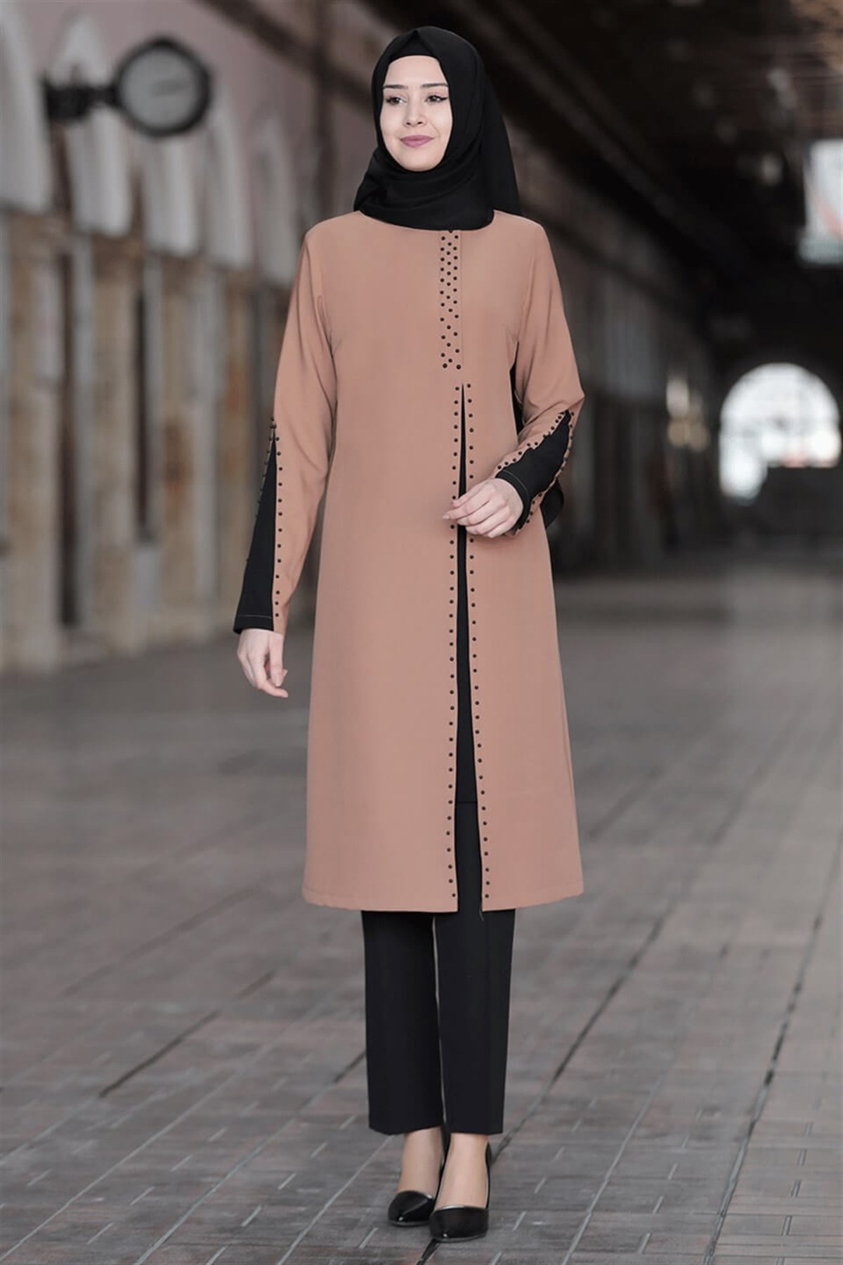 Tunic - Pants - 2 Piece Suit - Crepe - Unlined - Crew Neck - Camel - SN12SN12-CAMELSefanisa