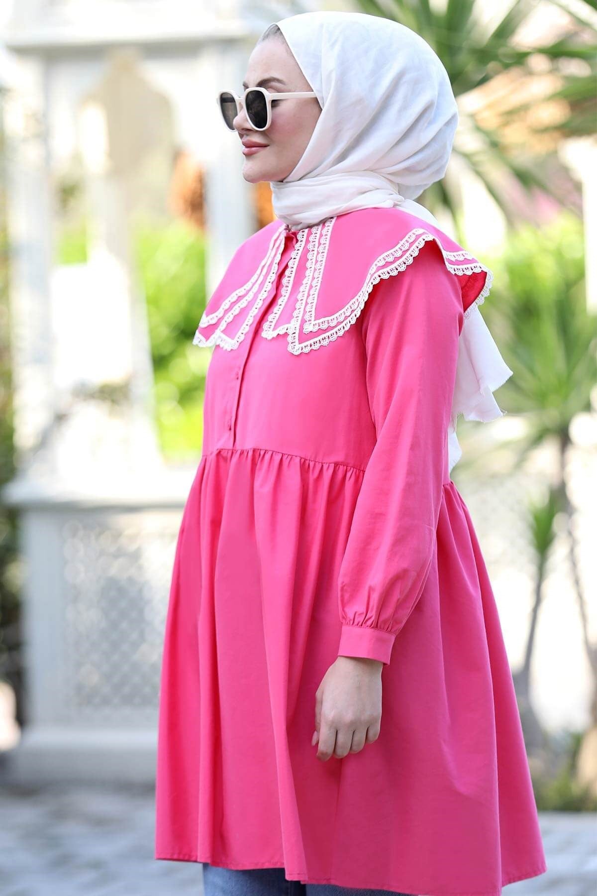 Yakası Dantelli Tunik Fuşya ST09ST10-FUŞYASeda Tiryaki