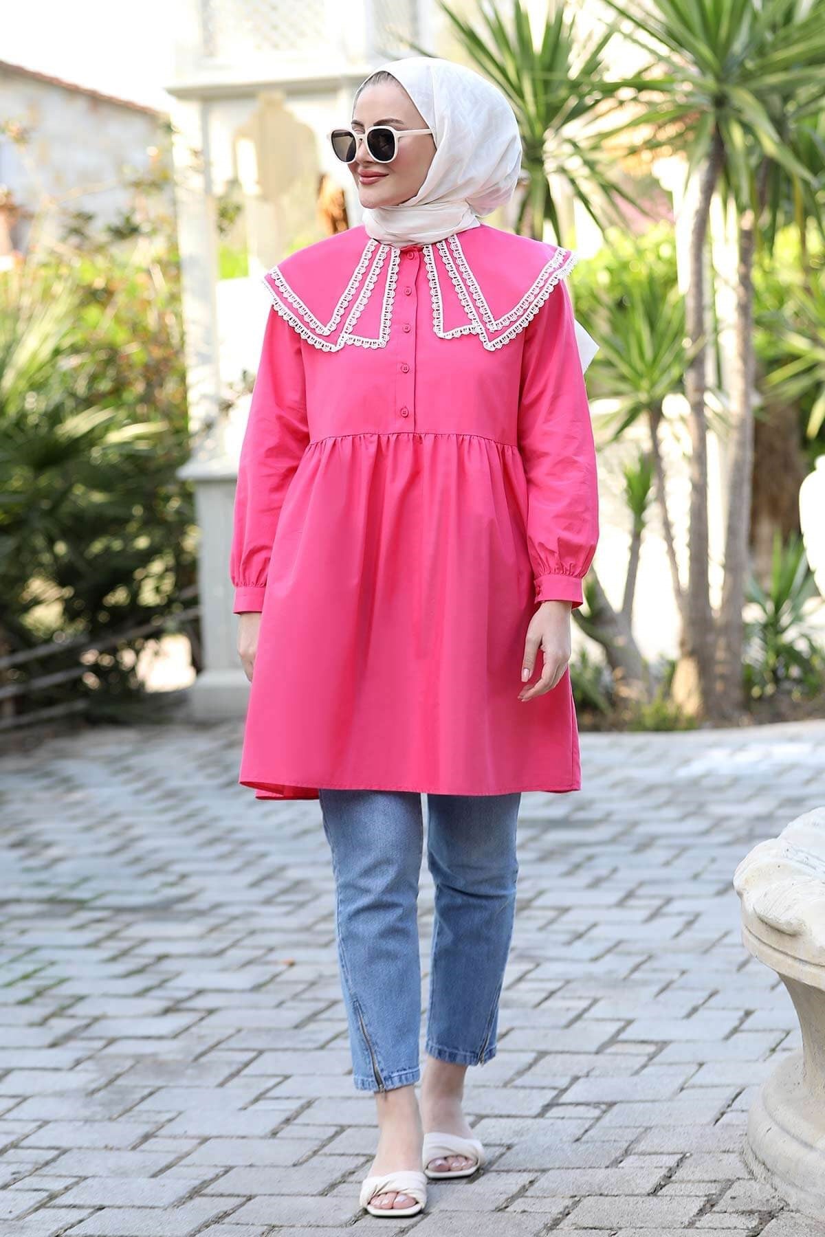 Yakası Dantelli Tunik Fuşya ST09ST10-FUŞYASeda Tiryaki