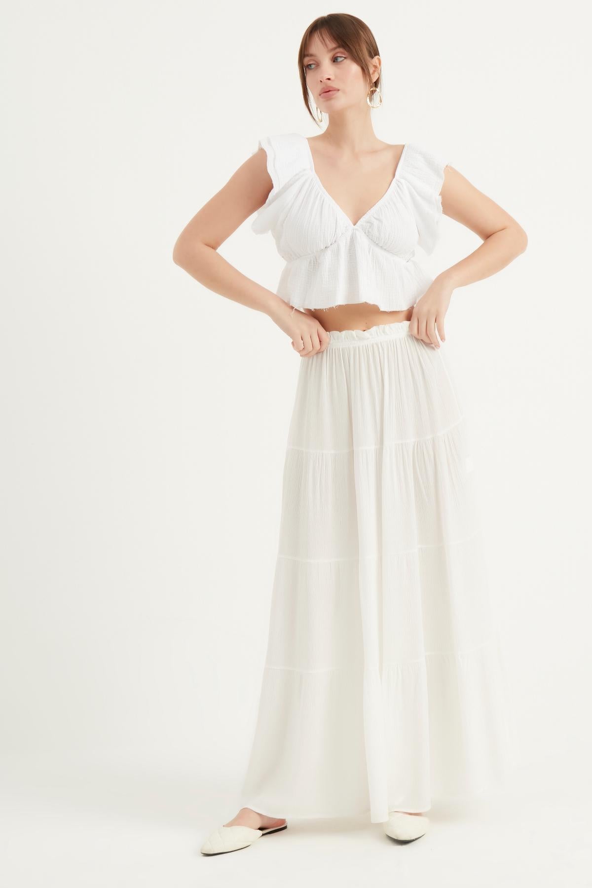 LASTİKLİ PİLELİ ETEK4022-KIRIK BEYAZModaviki