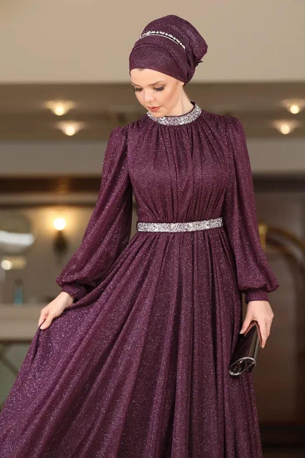 Stone Embroidered Silvery Tulle Evening Dress Plum AHN230AHN230-MÜRDÜMAhunisa