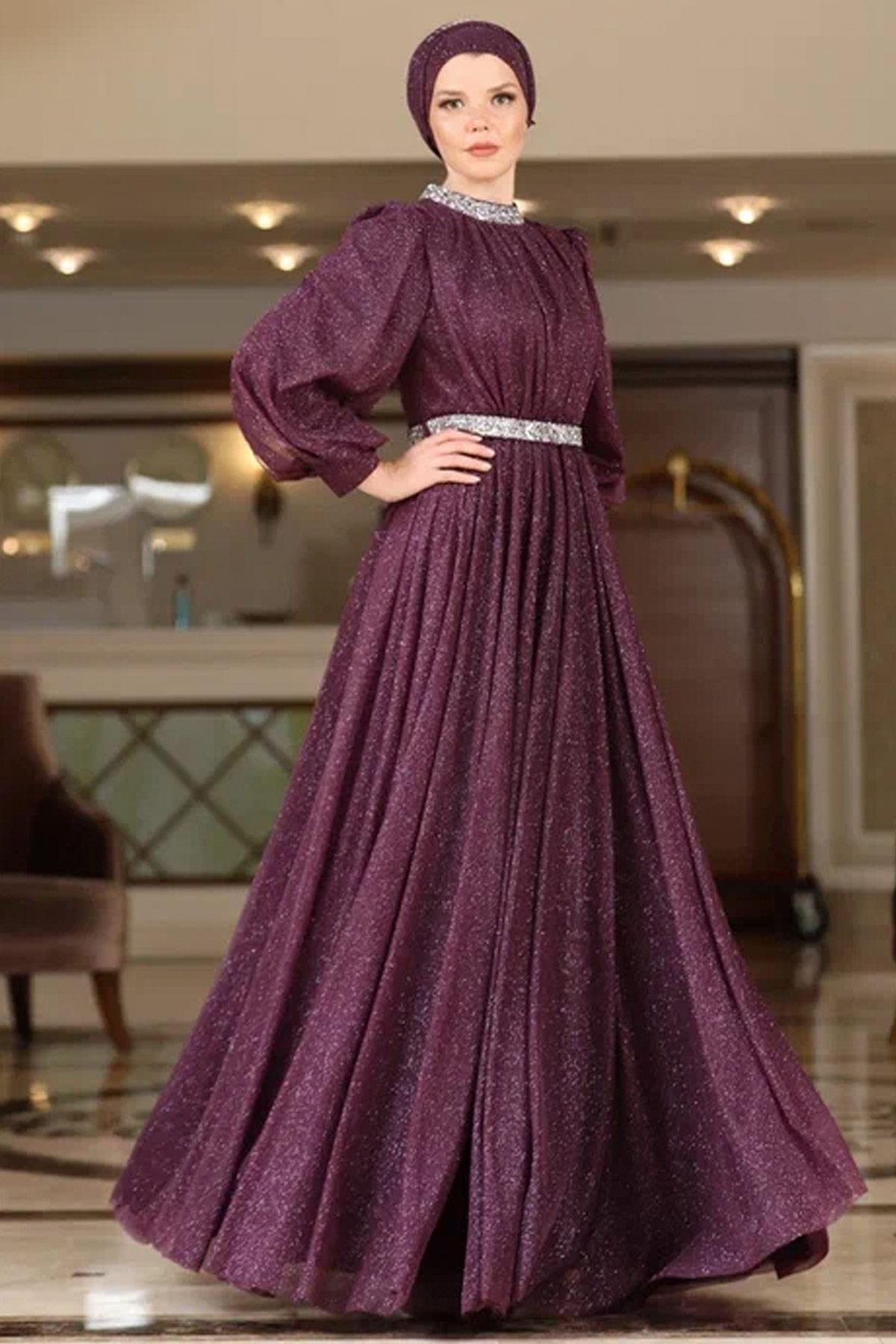Stone Embroidered Silvery Tulle Evening Dress Plum AHN230AHN230-MÜRDÜMAhunisa