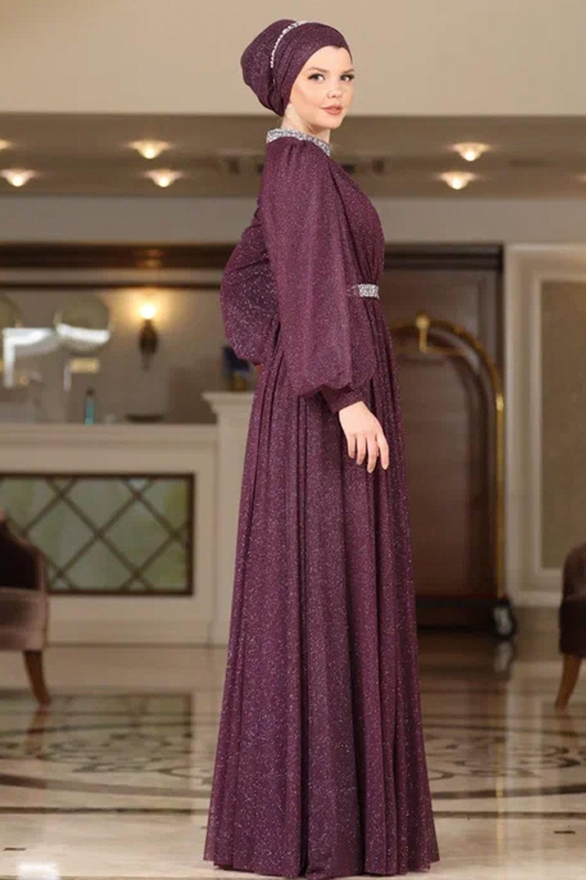 Stone Embroidered Silvery Tulle Evening Dress Plum AHN230AHN230-MÜRDÜMAhunisa
