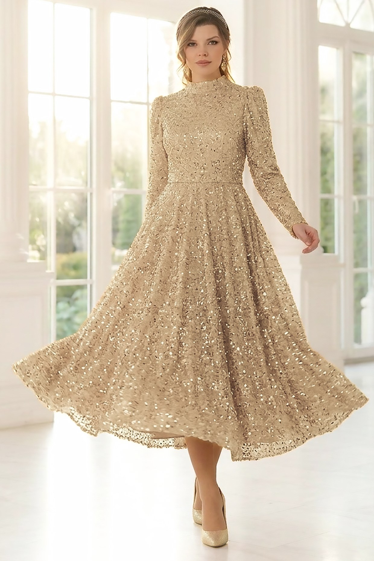 Sequined Evening Dress Gold AHN244AHN244-GOLDAhunisa