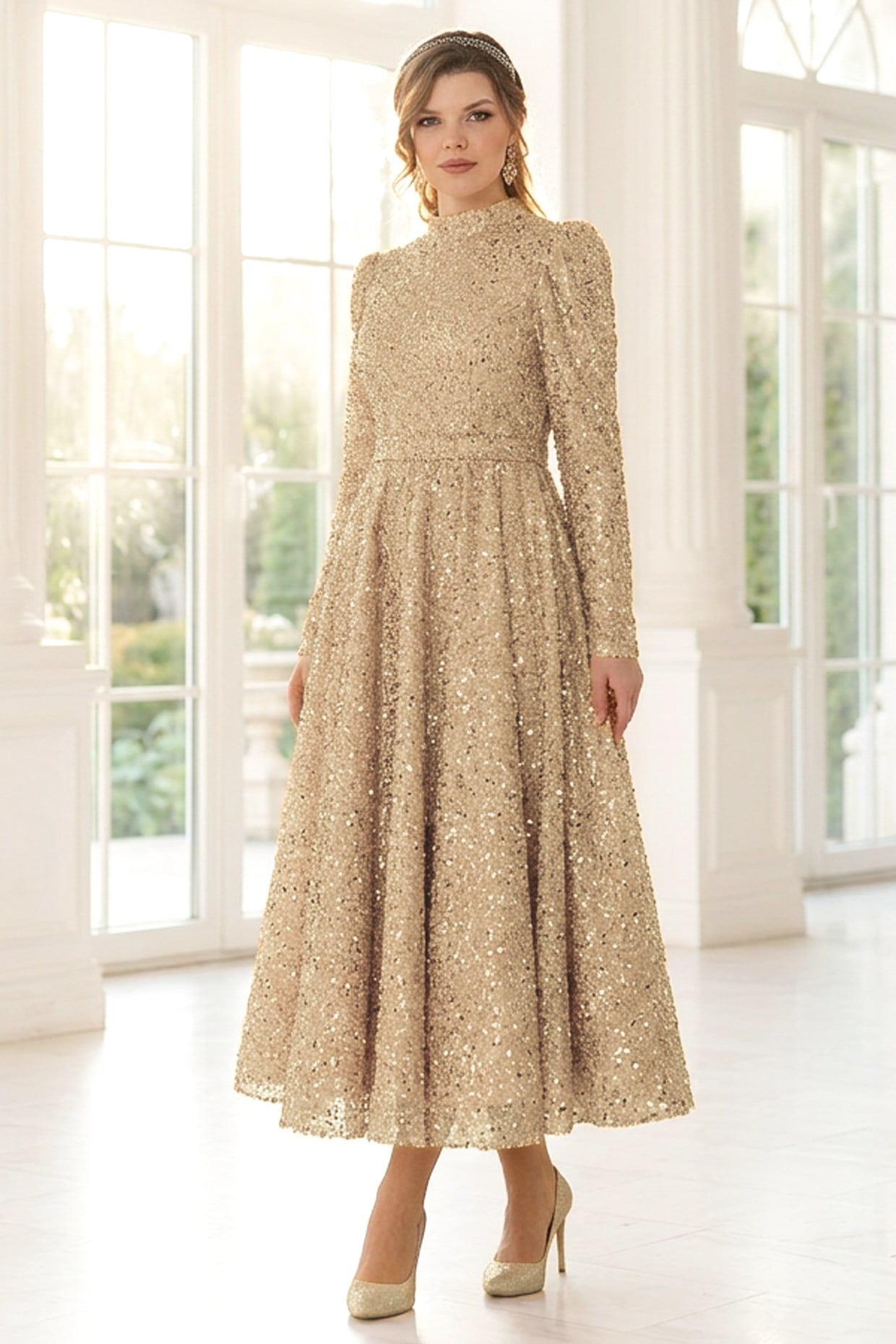 Sequined Evening Dress Gold AHN244AHN244-GOLDAhunisa