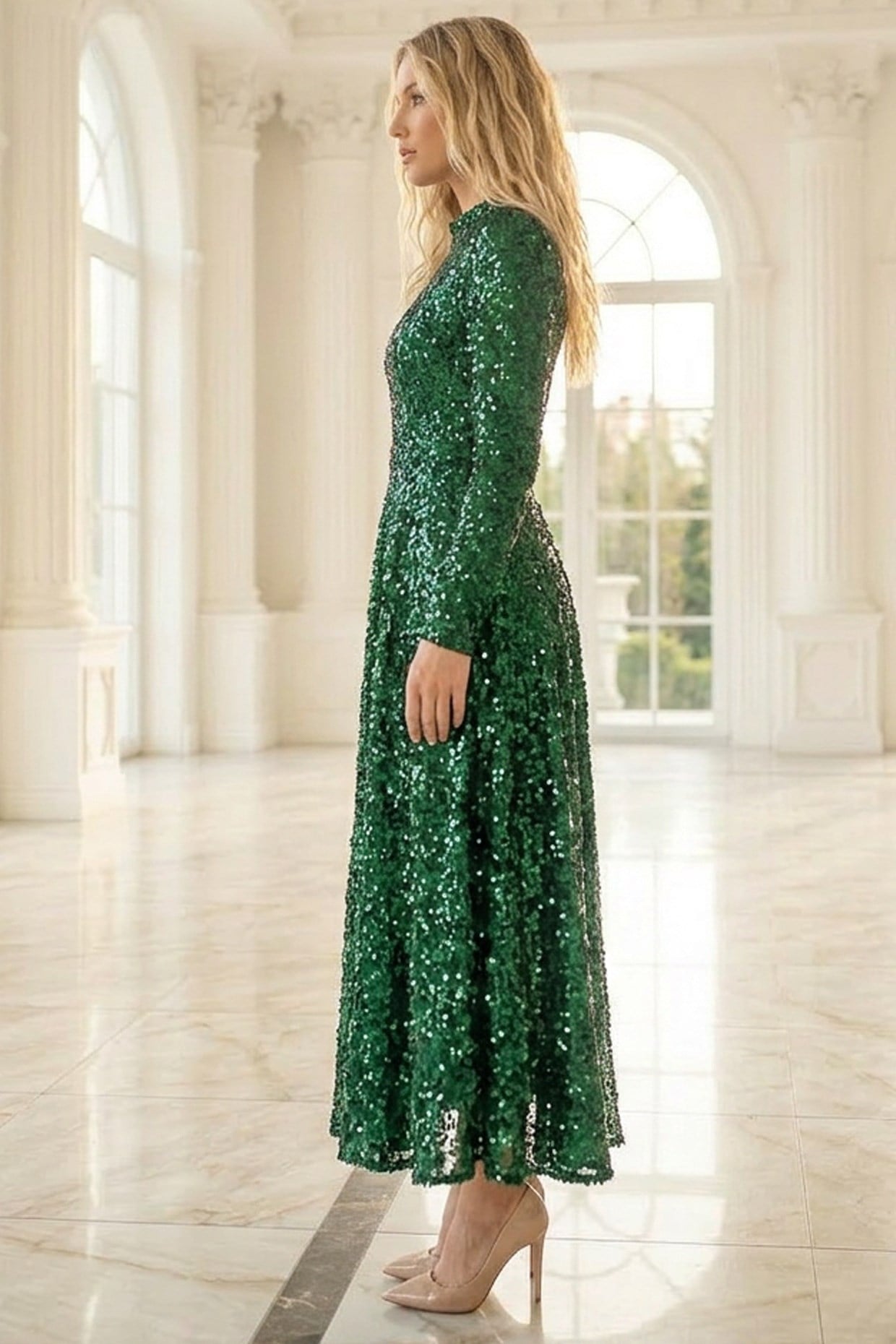 Sequined Evening Dress Emerald AHN244AHN244-ZÜMRÜTAhunisa