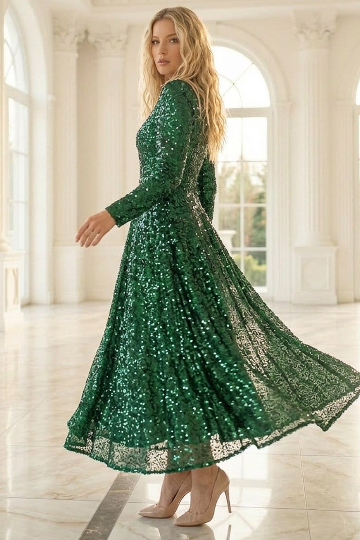 Sequined Evening Dress Emerald AHN244AHN244-ZÜMRÜTAhunisa