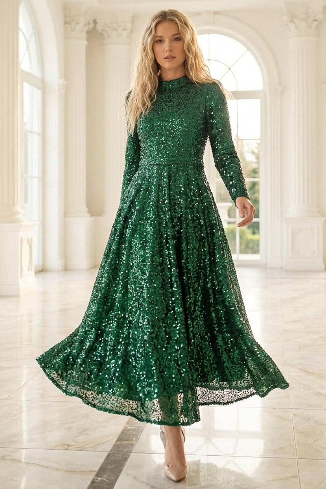 Sequined Evening Dress Emerald AHN244AHN244-ZÜMRÜTAhunisa