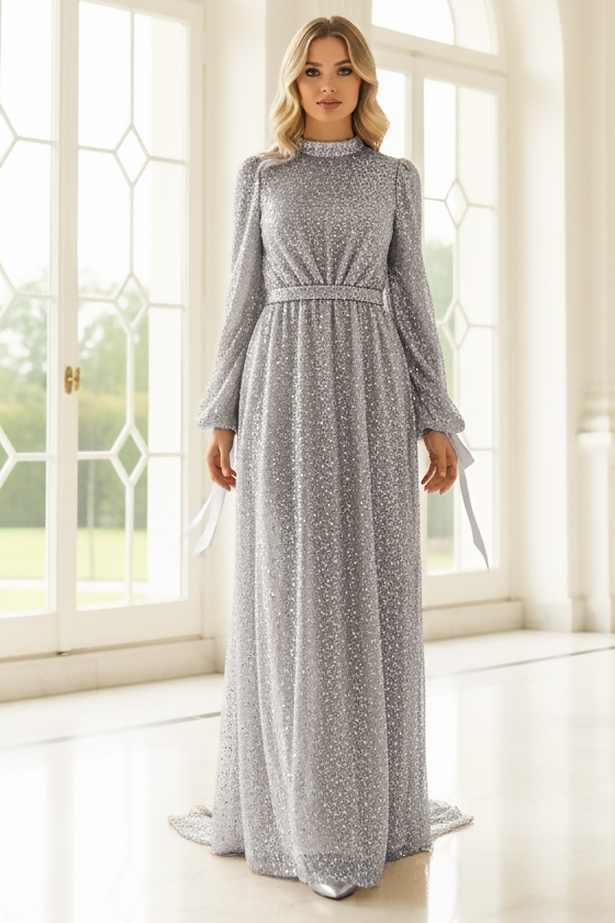 Sequined Evening Dress Silver AHN264AHN264-GÜMÜŞAhunisa