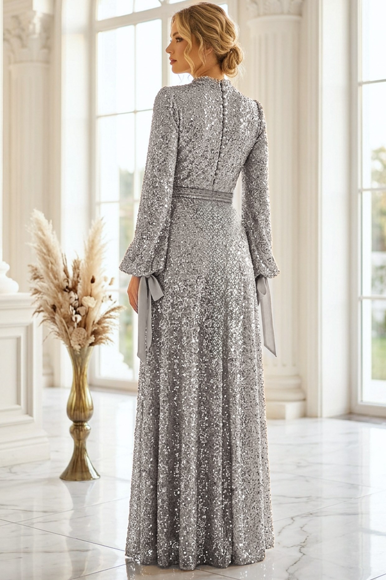 Sequined Evening Dress Silver AHN264AHN264-GÜMÜŞAhunisa