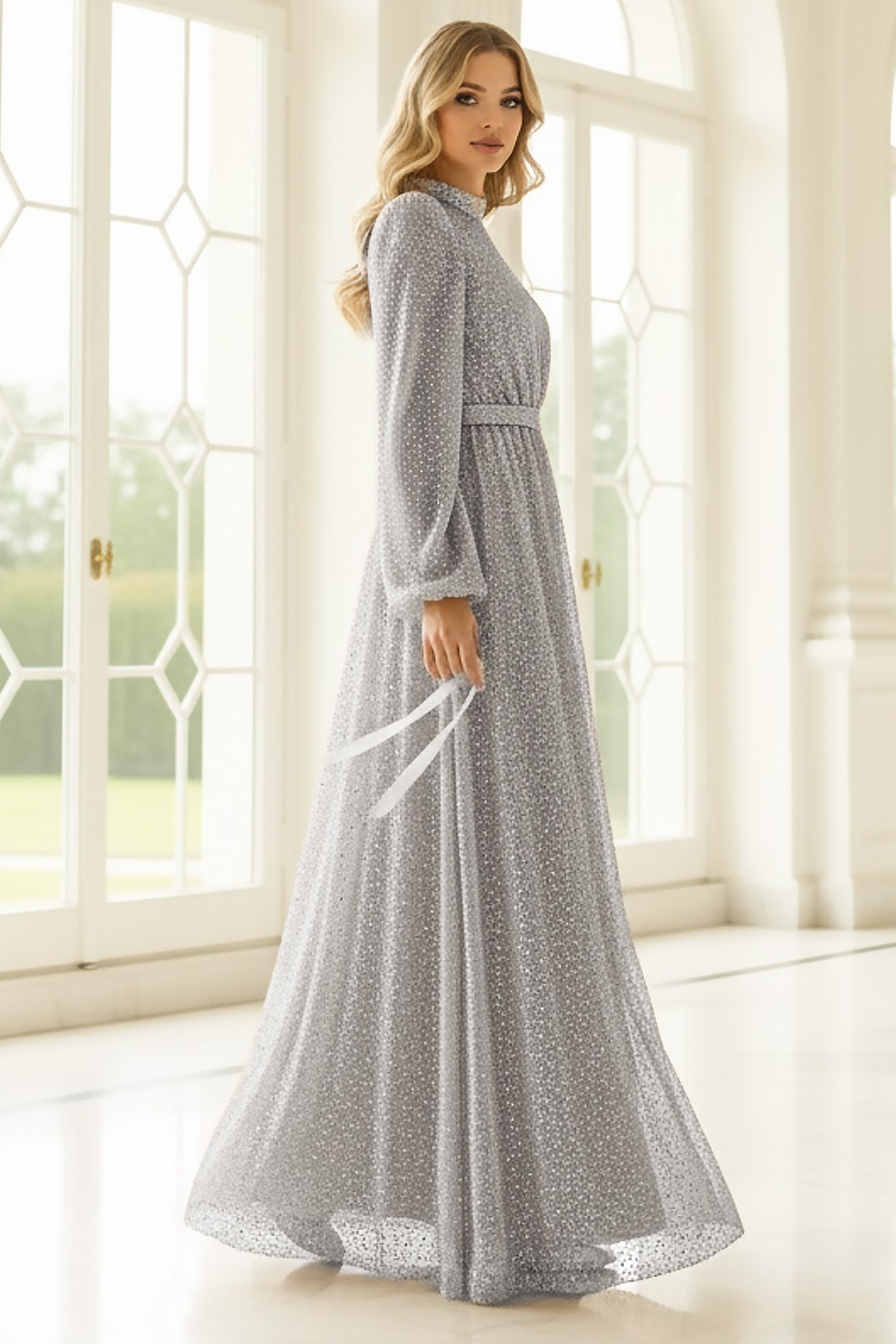 Sequined Evening Dress Silver AHN264AHN264-GÜMÜŞAhunisa