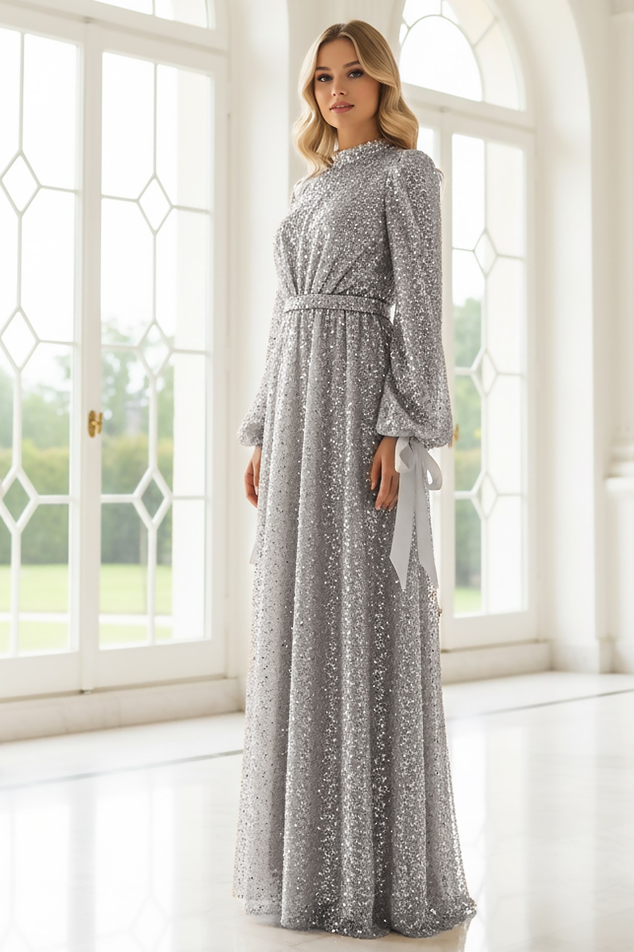 Sequined Evening Dress Silver AHN264AHN264-GÜMÜŞAhunisa
