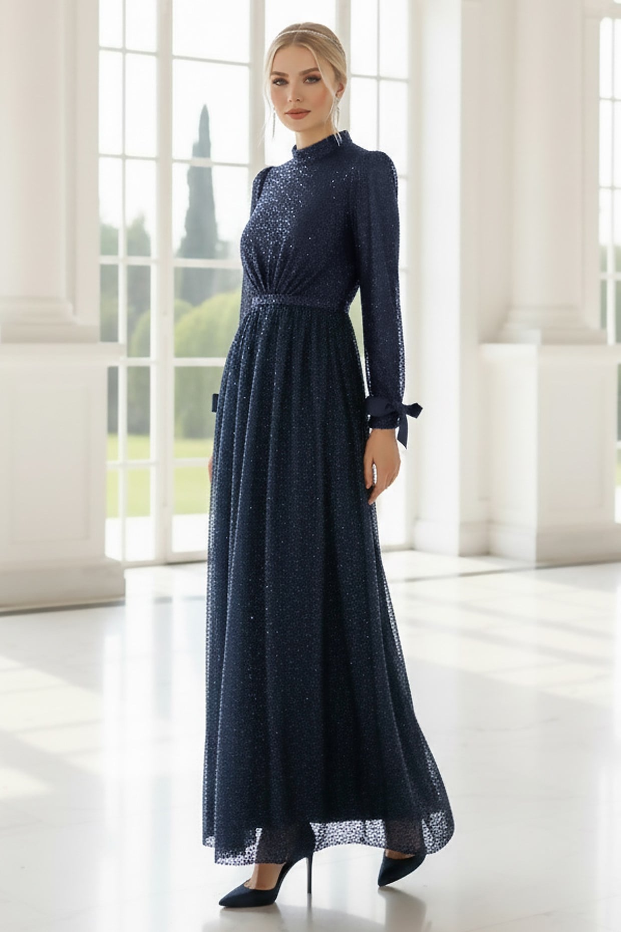 Sequined Evening Dress Navy Blue AHN264AHN264-LACİVERTAhunisa