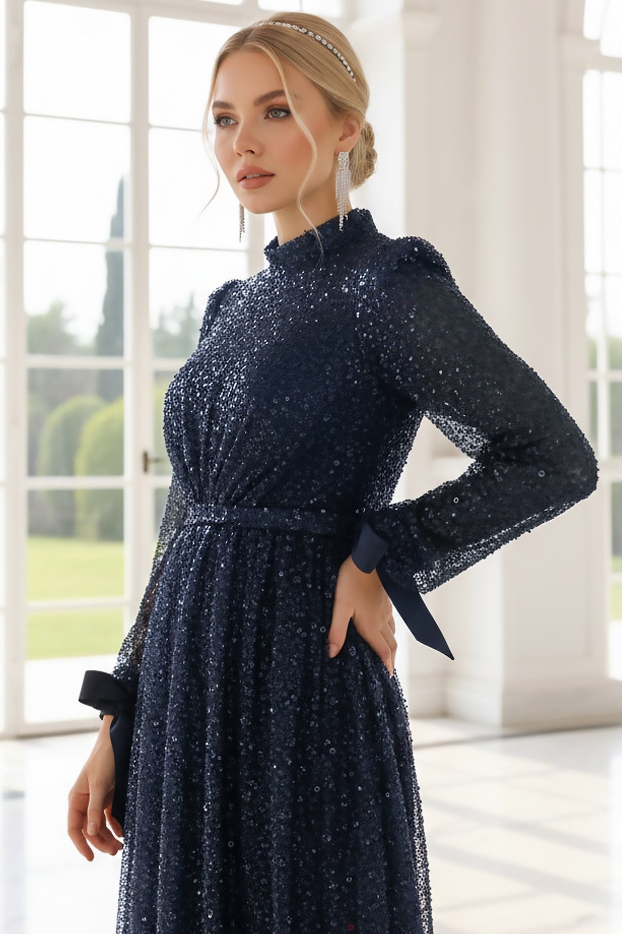 Sequined Evening Dress Navy Blue AHN264AHN264-LACİVERTAhunisa