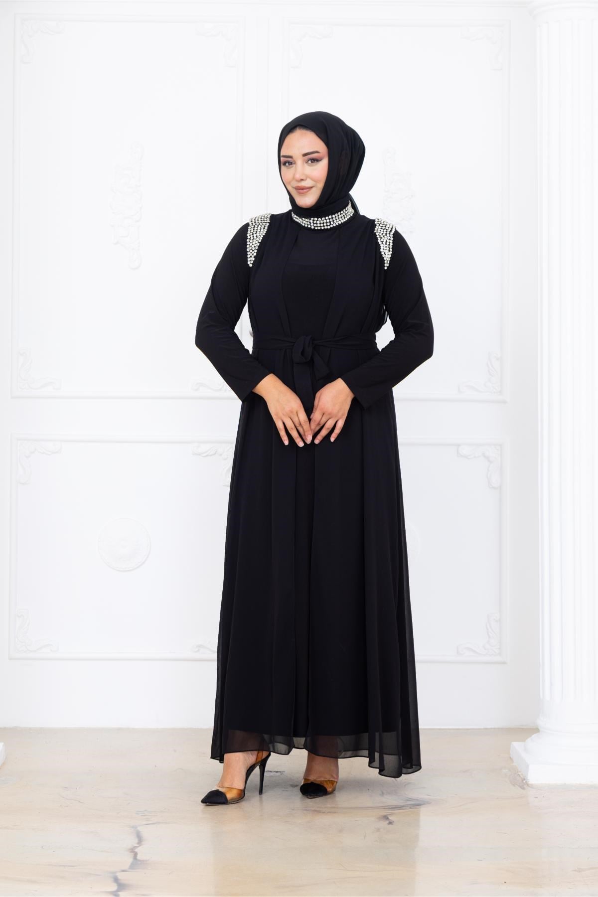 Zambak Şifon İncili Tesettür AbiyeAMH1088-SİYAHAmine Hüma