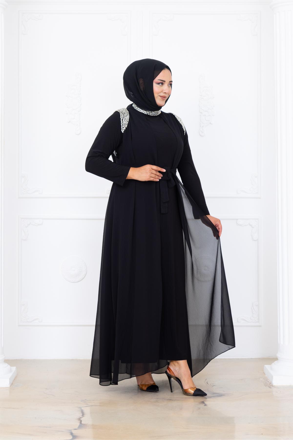 Zambak Şifon İncili Tesettür AbiyeAMH1088-SİYAHAmine Hüma