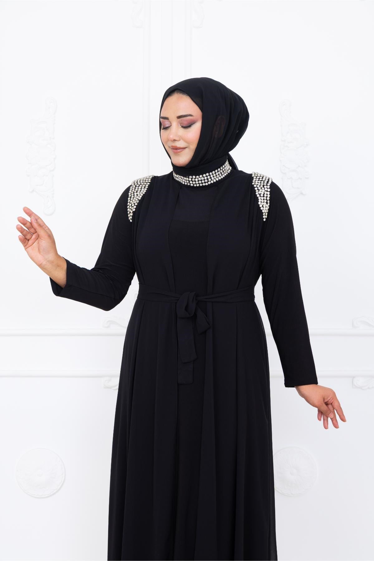 Zambak Şifon İncili Tesettür AbiyeAMH1088-SİYAHAmine Hüma