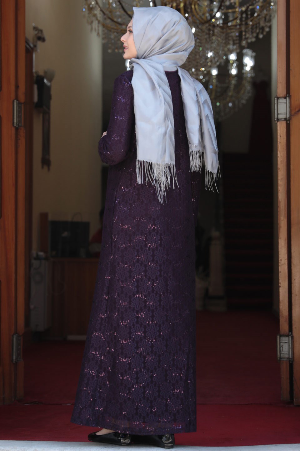Evening Dress - Lycra - Unlined - Crew Neck - Purple - AMH502