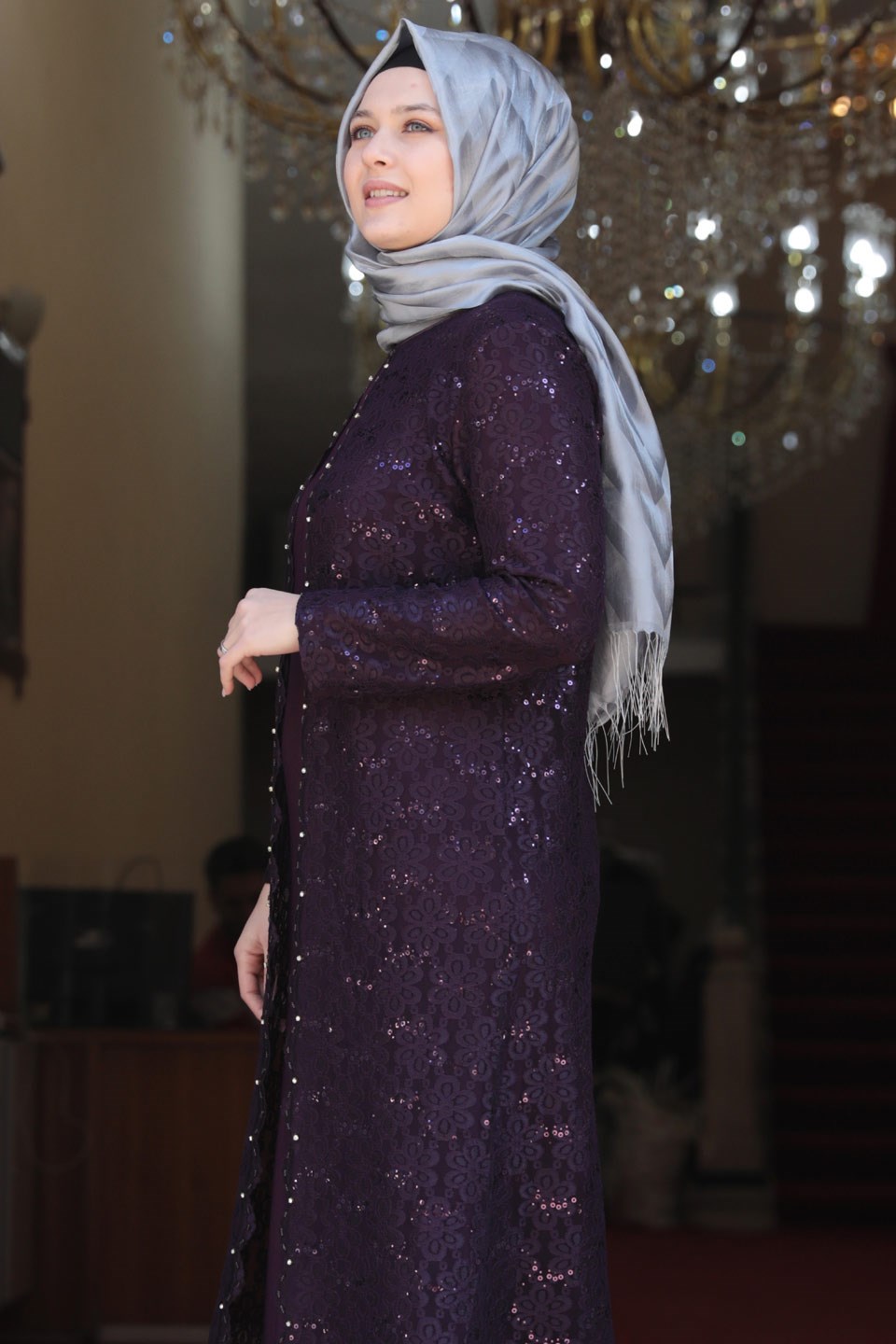 Evening Dress - Lycra - Unlined - Crew Neck - Purple - AMH502