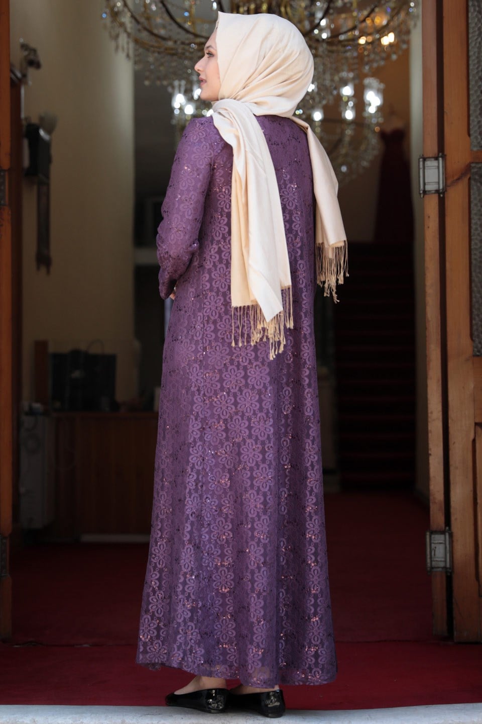 Evening Dress - Lycra - Unlined - Crew Neck - Plum - AMH502