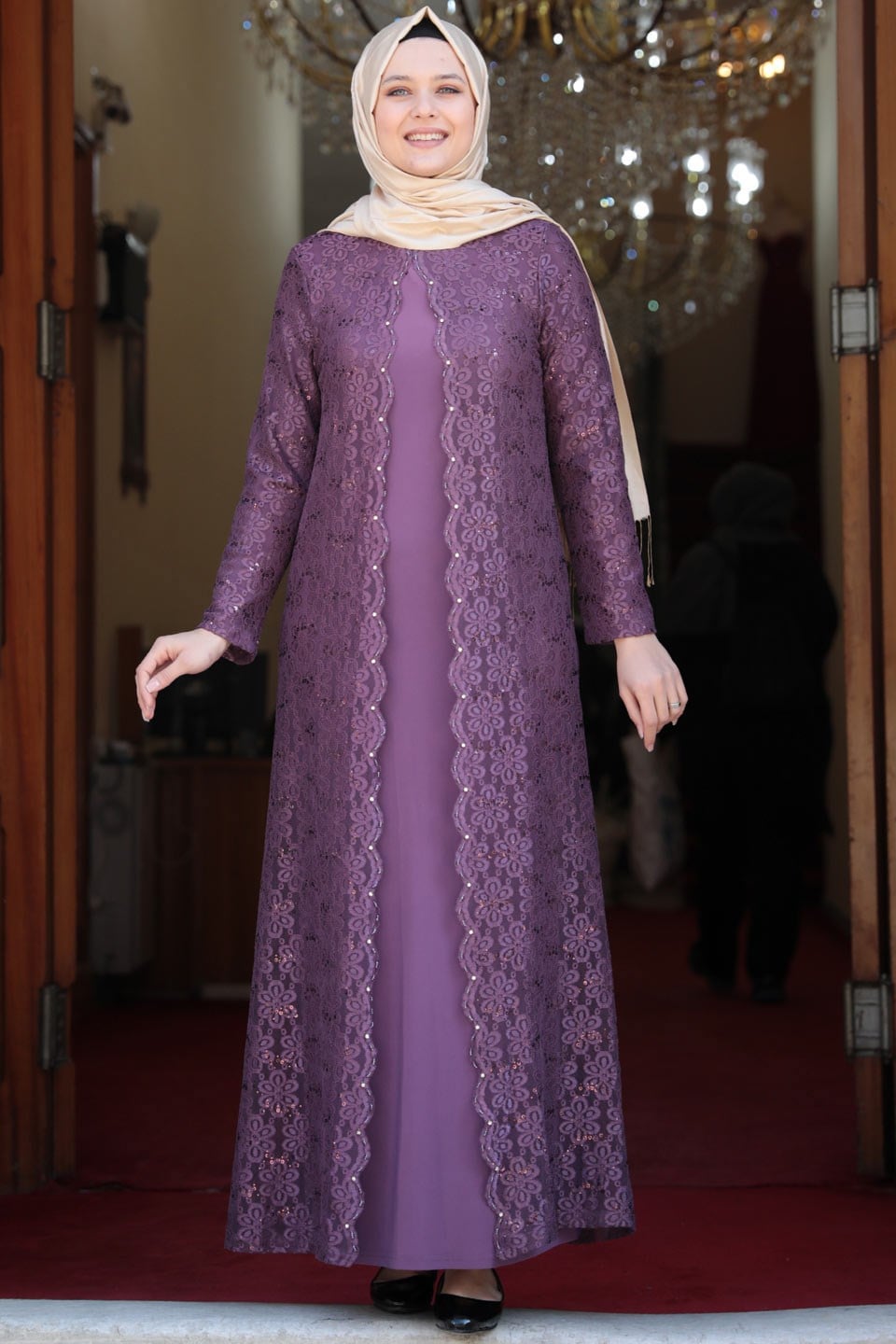 Evening Dress - Lycra - Unlined - Crew Neck - Plum - AMH502