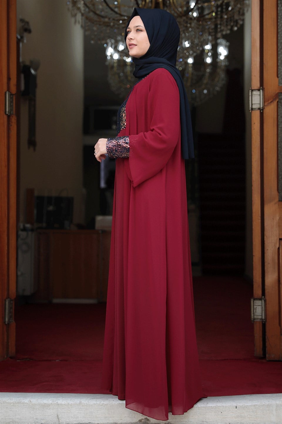 Evening Dress - Lycra - Unlined - Crew Neck - Claret Red  - AMH505