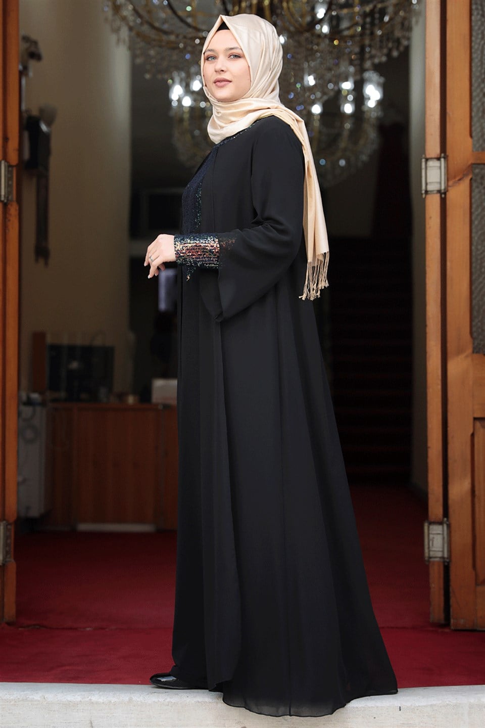 Evening Dress - Lycra - Unlined - Crew Neck - Black  - AMH505
