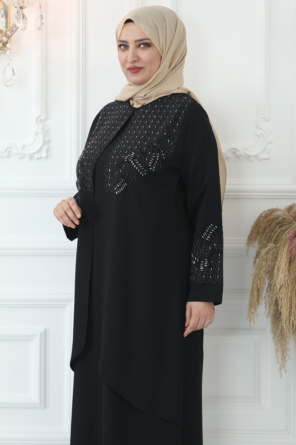 Stone Print Detail Evening Dress Black AMH792AMH792-SİYAHAmine Hüma