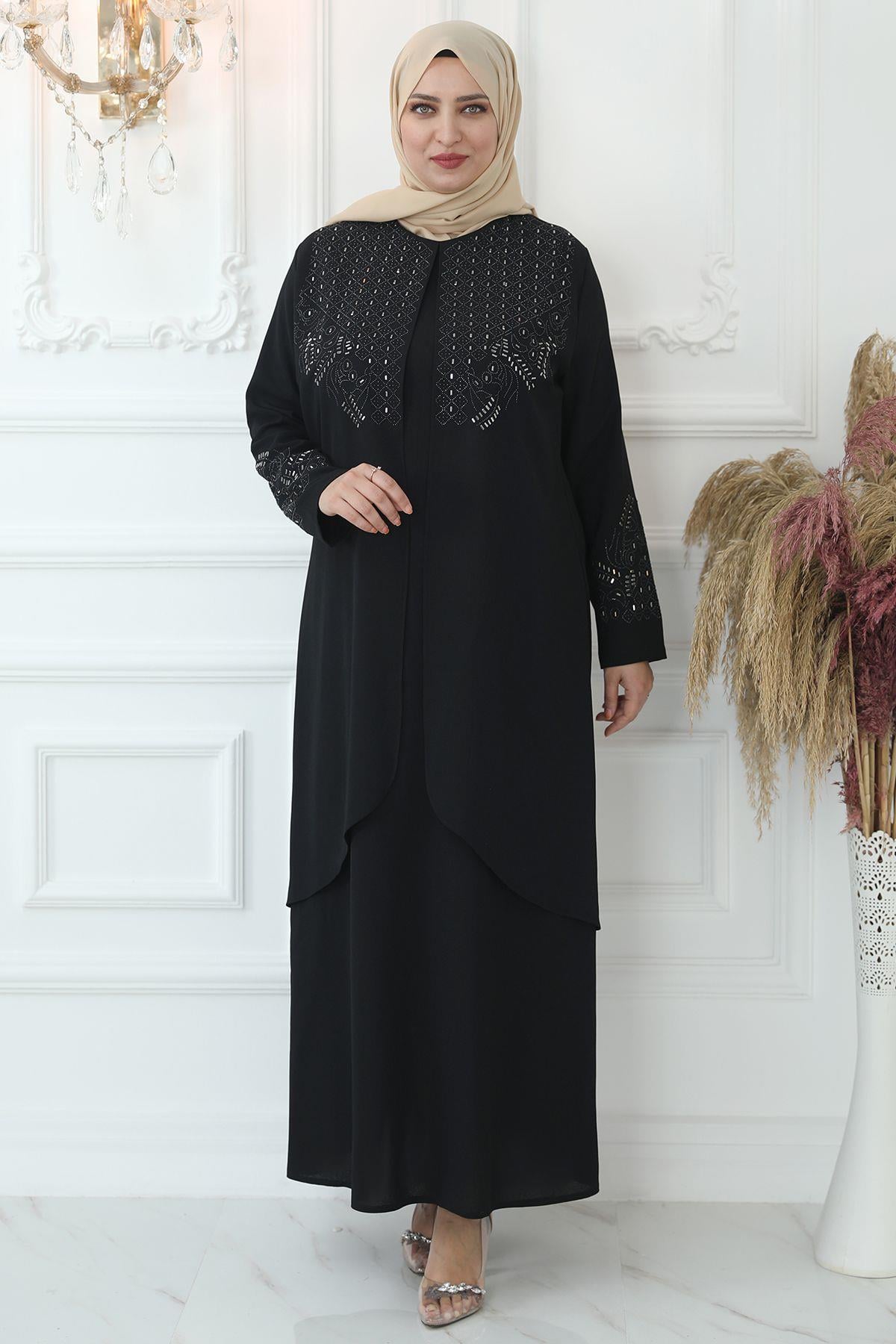 Stone Print Detail Evening Dress Black AMH792AMH792-SİYAHAmine Hüma