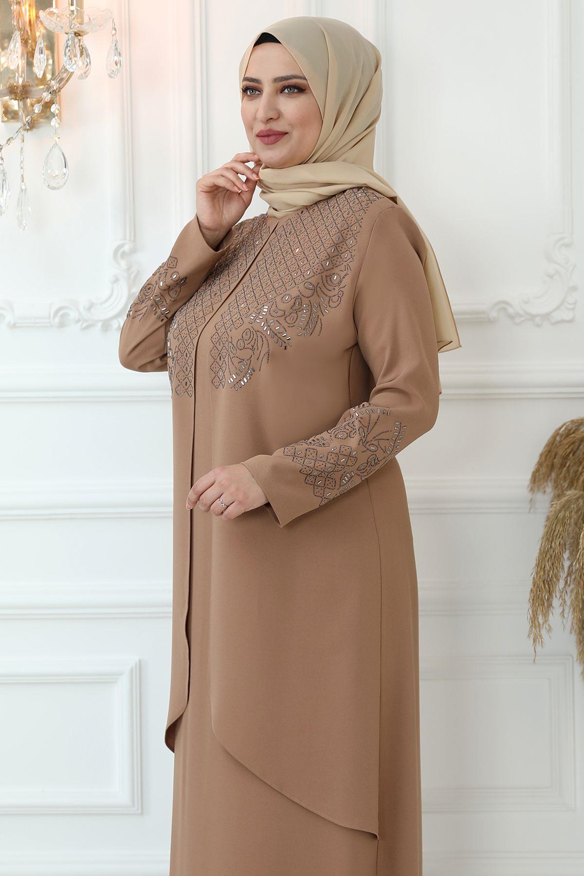 Stone Print Detail Evening Dress Beige AMH792AMH792-VİZONAmine Hüma