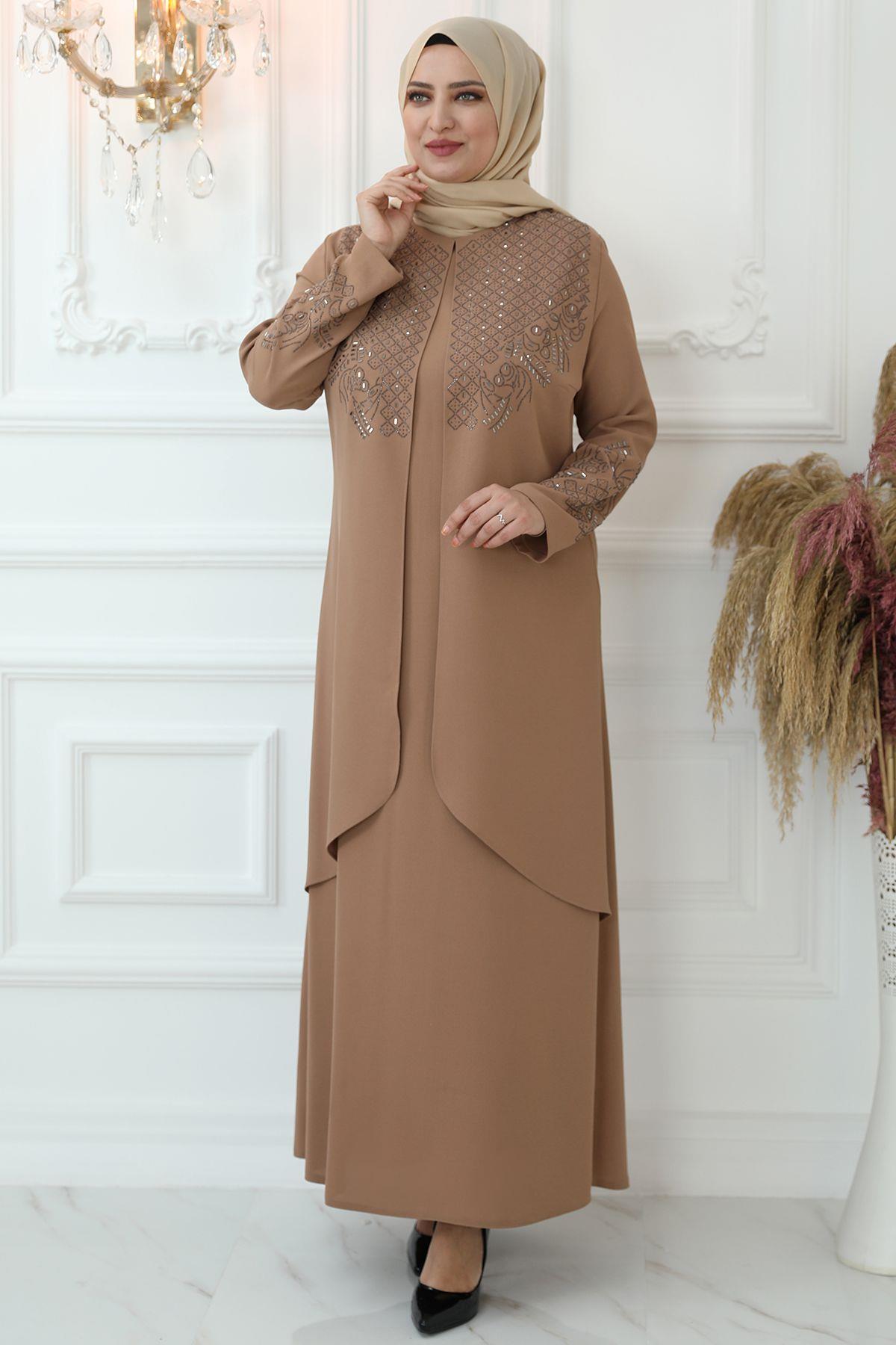 Stone Print Detail Evening Dress Beige AMH792AMH792-VİZONAmine Hüma