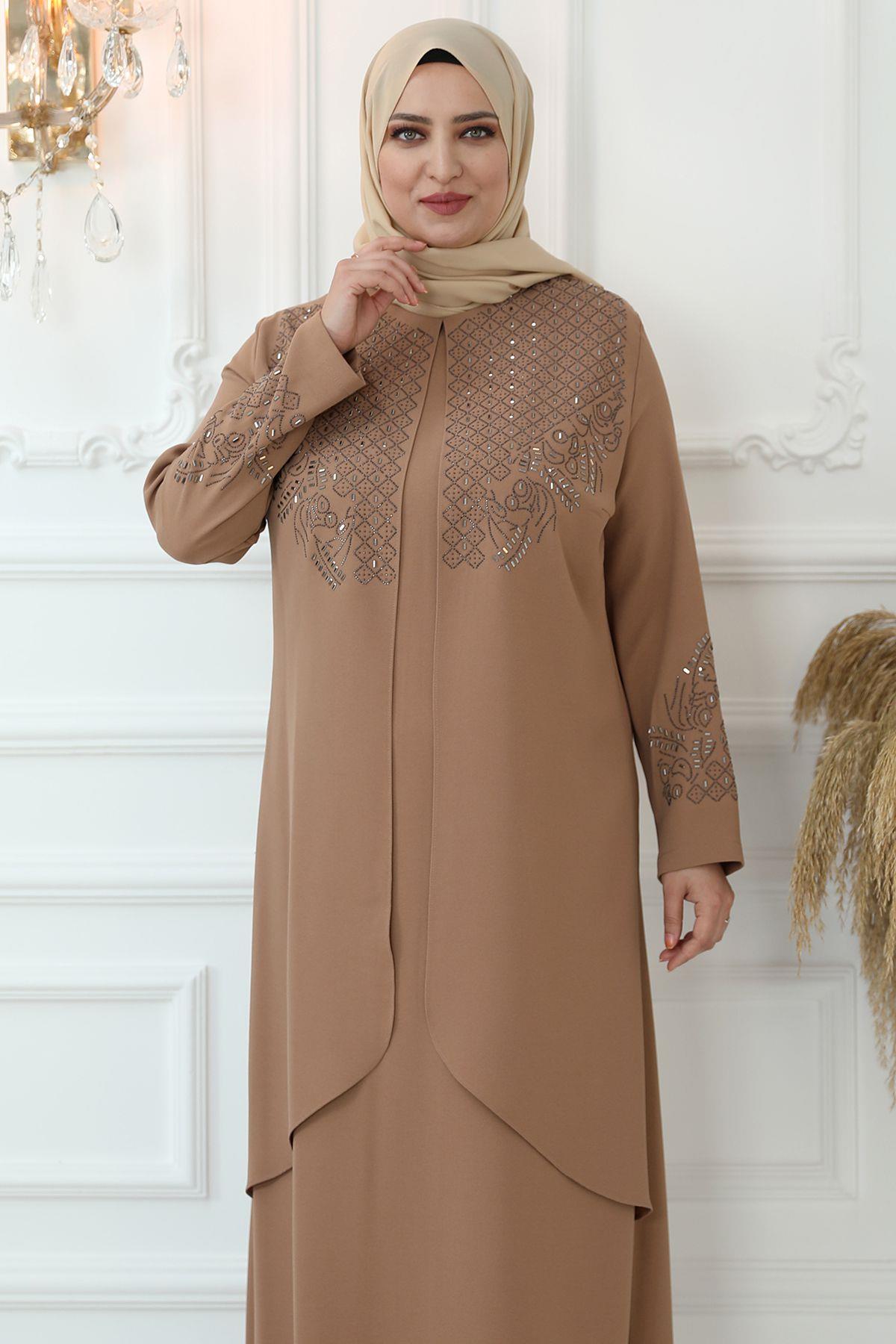 Stone Print Detail Evening Dress Beige AMH792AMH792-VİZONAmine Hüma